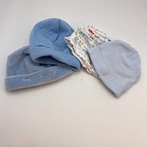 Set of 4 Baby Boy Hats Caps Beanies 0-6 M Blue Transportation I Love Mommy